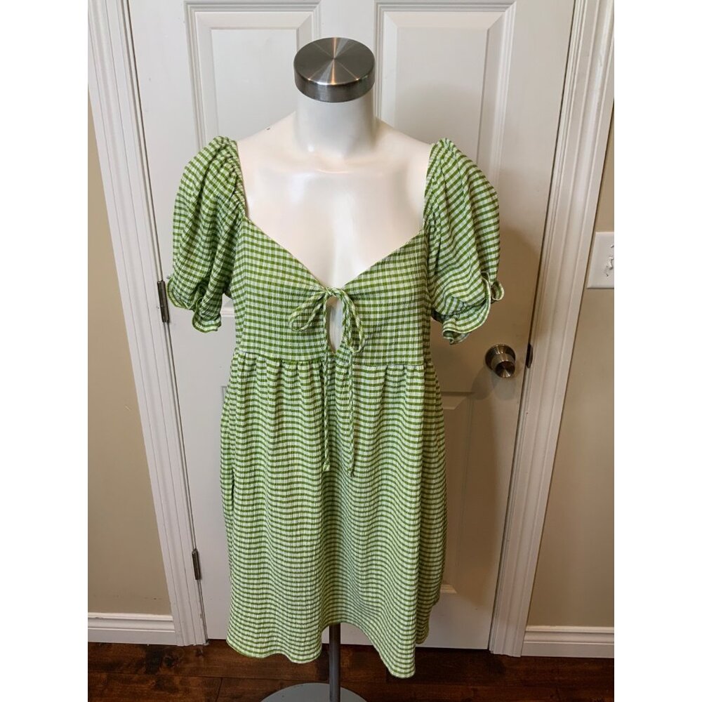 Lisa Says Gah Green White Gingham Plaid Gauze Tie Mini Dress, Size Small